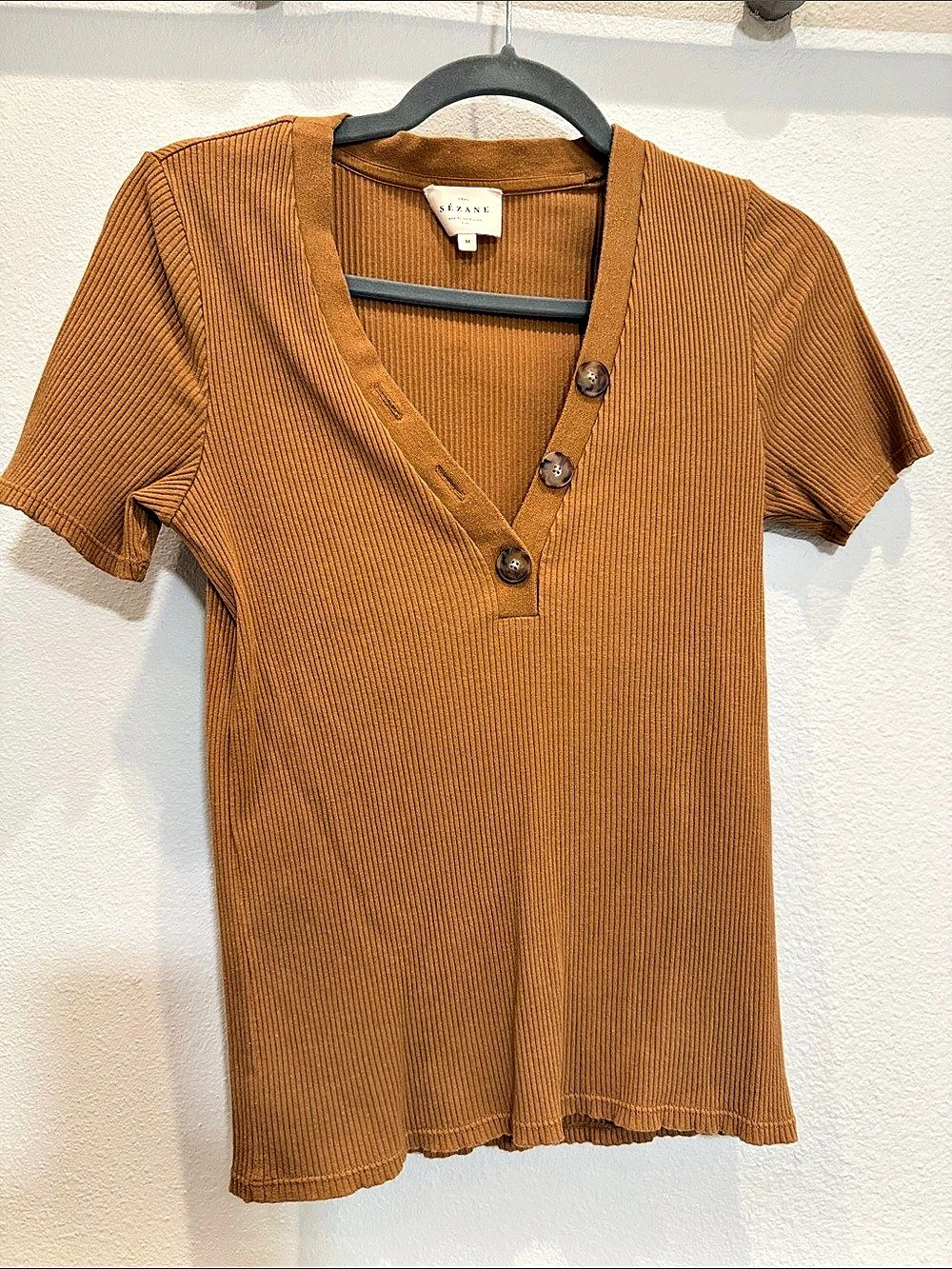 Sézane Ribbed V-Neck Top Brown Size XS